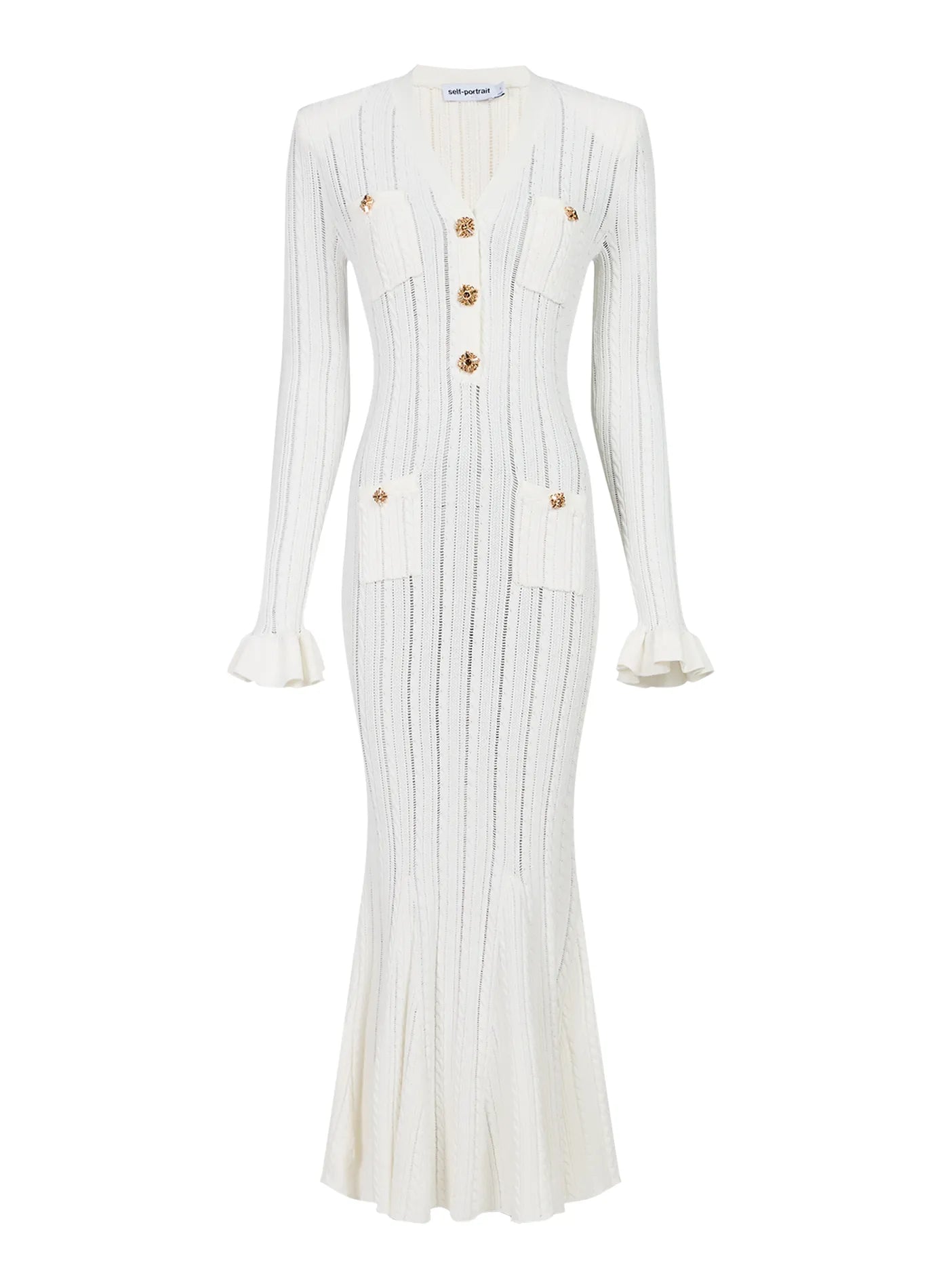White Pointelle Knit Midi Dress  Klosmo