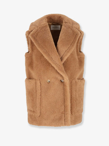 Breda camel and silk sleeveless coat