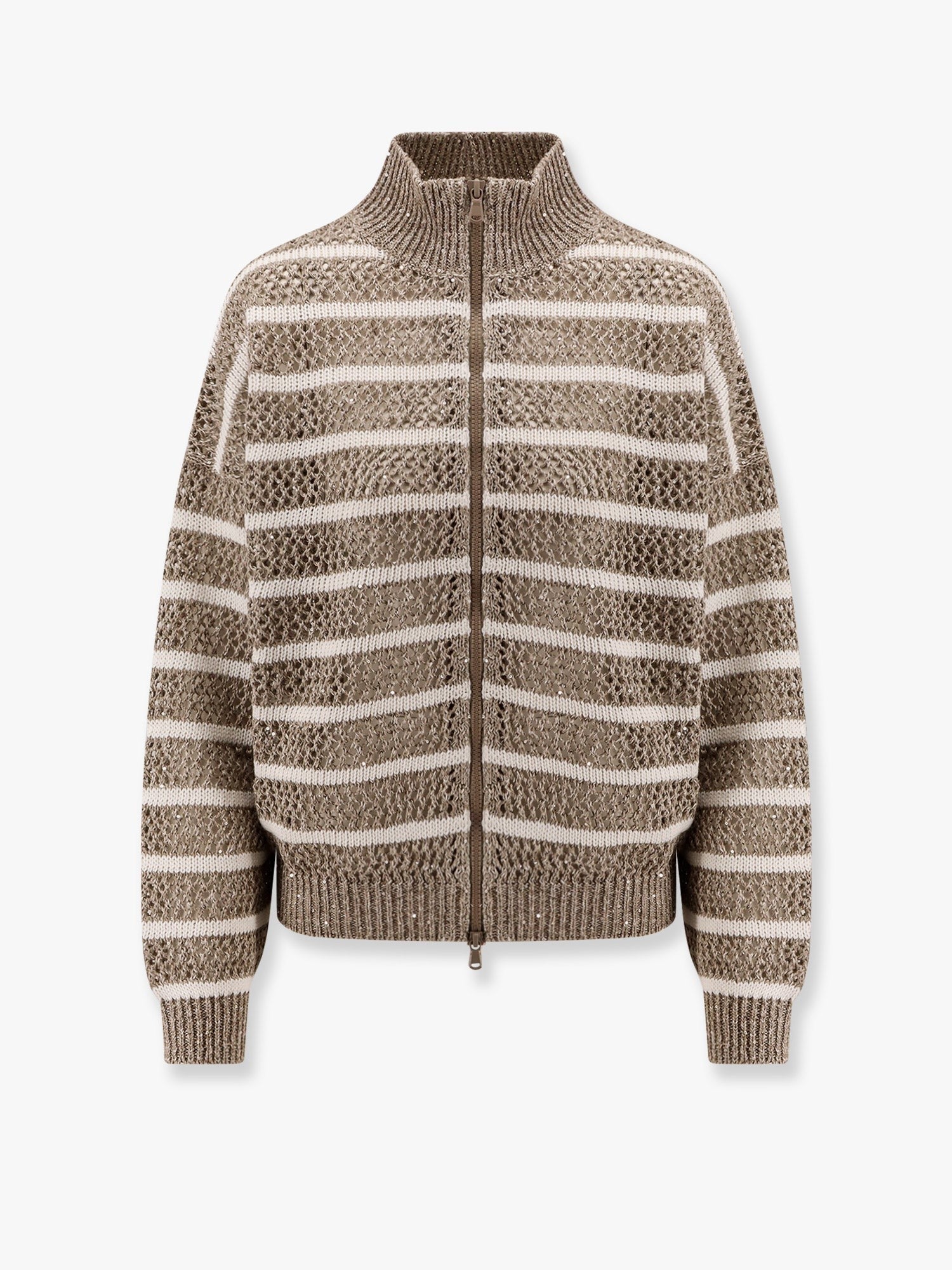 Dazzling striped net linen blend cardigan with sequins