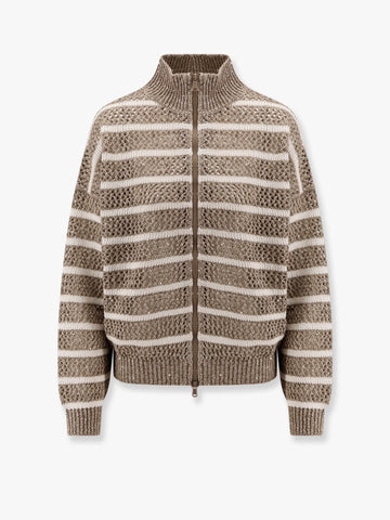 Dazzling striped net linen blend cardigan with sequins