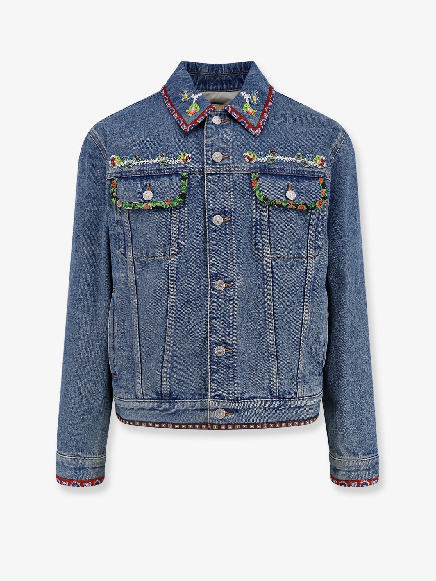 Denim jacket with multicolor embroidery