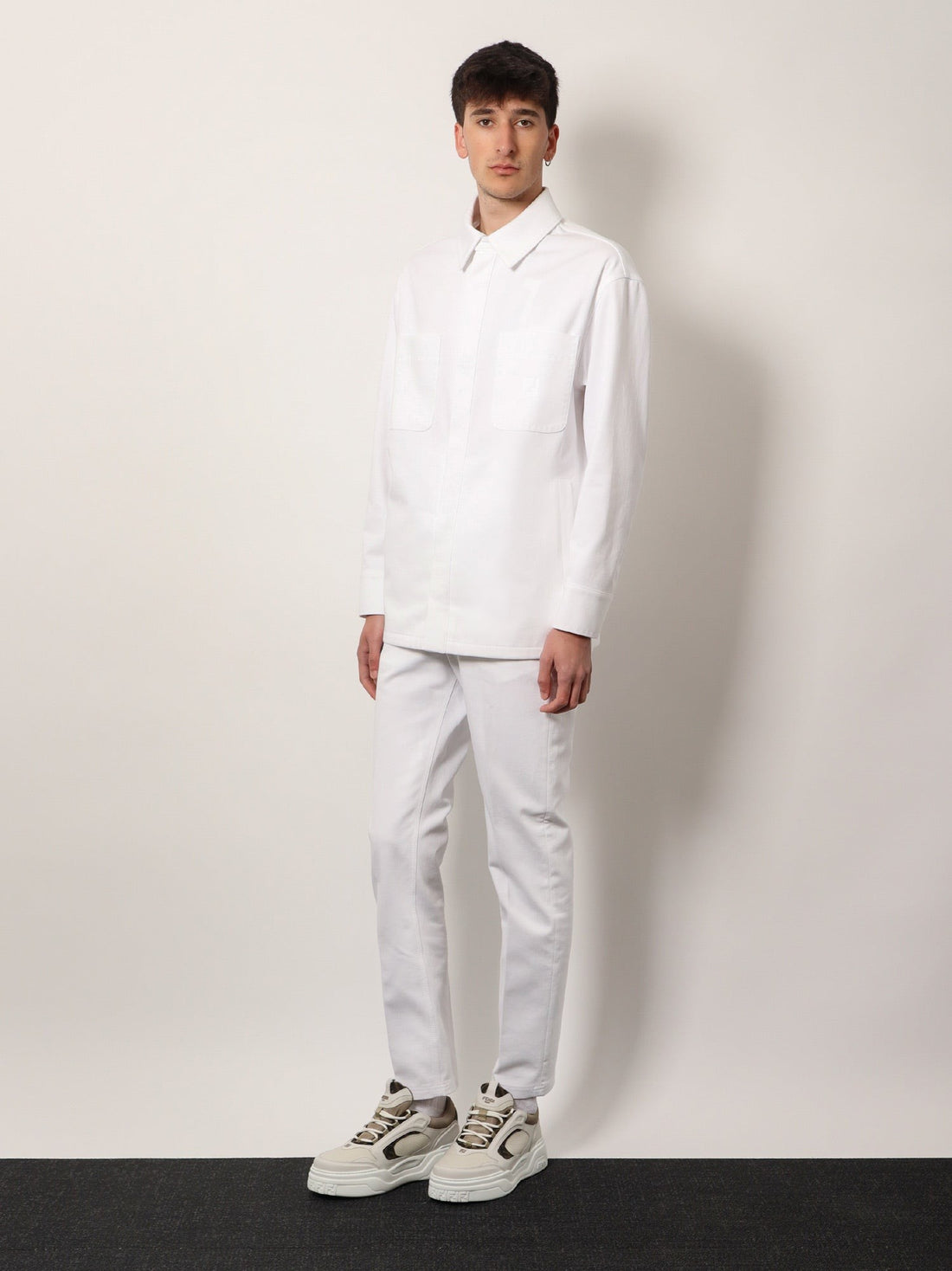 Denim jacket with stitched profiles and ff logo