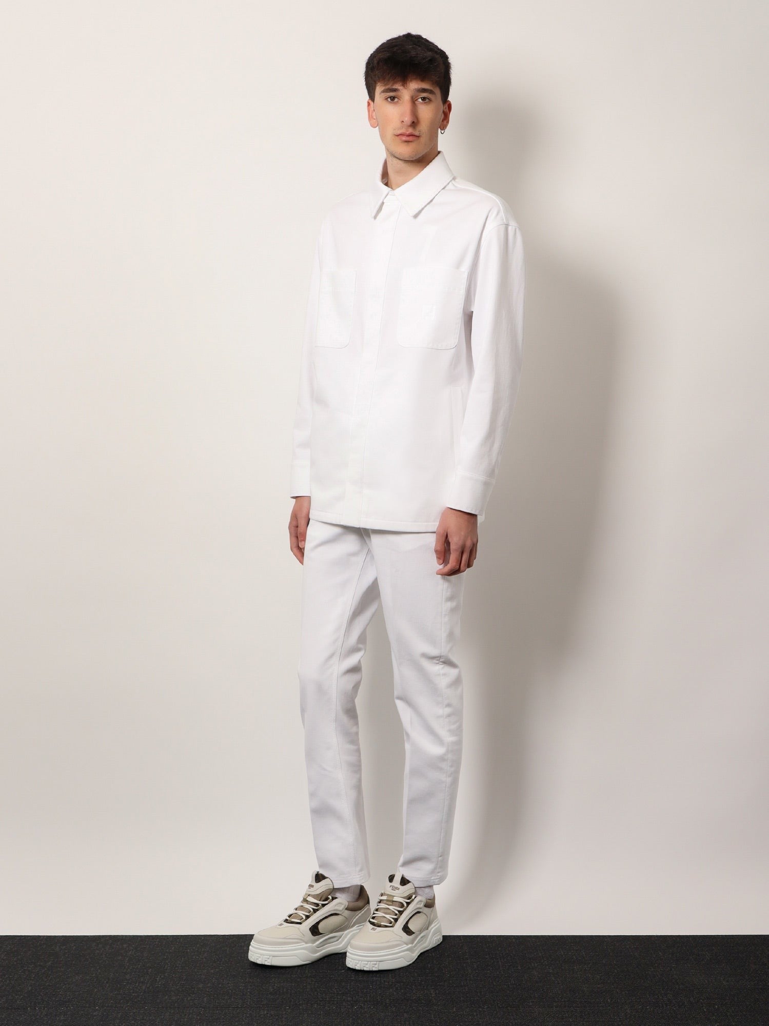 Denim jacket with stitched profiles and ff logo