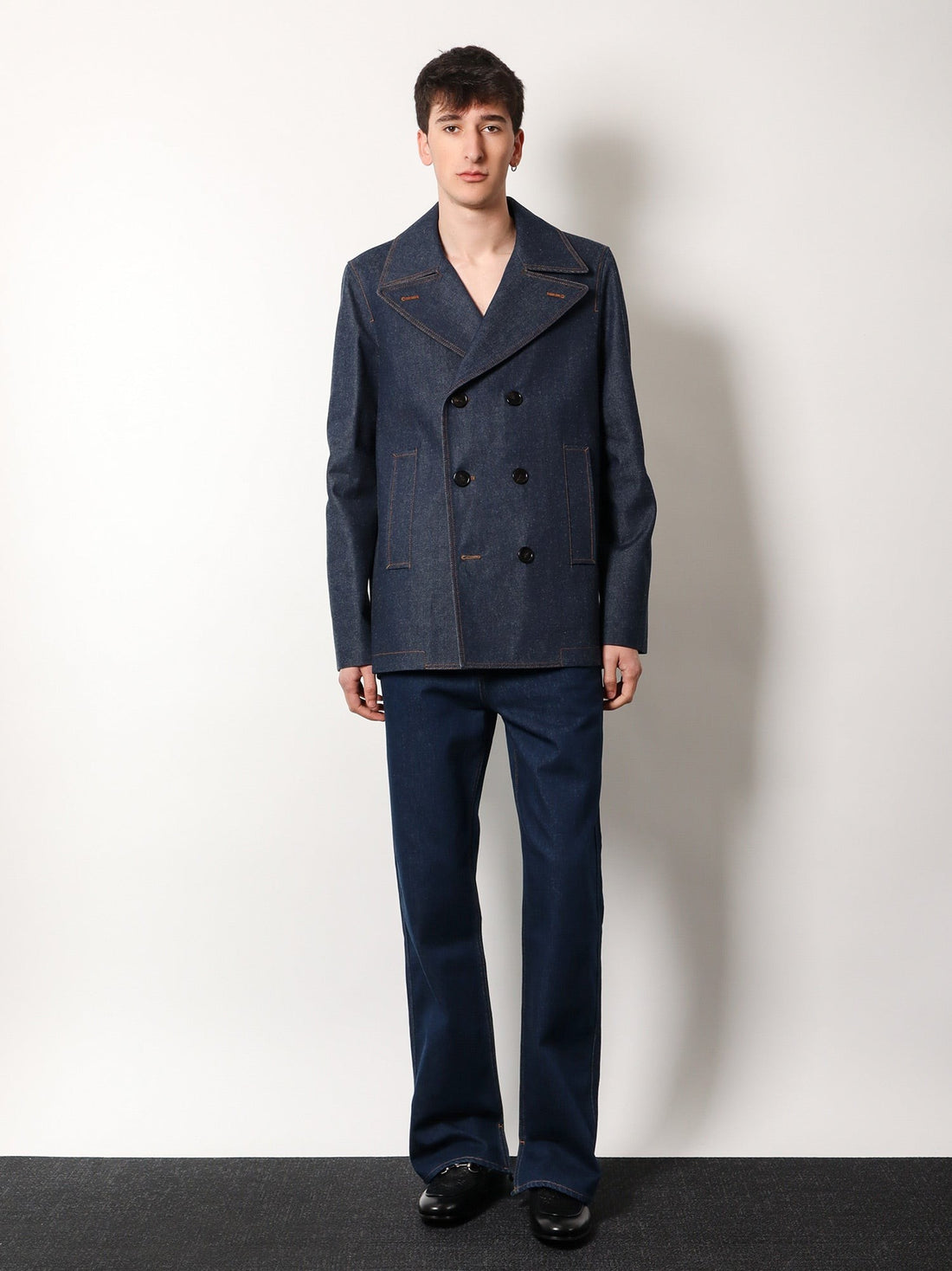 Denim peacoat with contrasting stitching