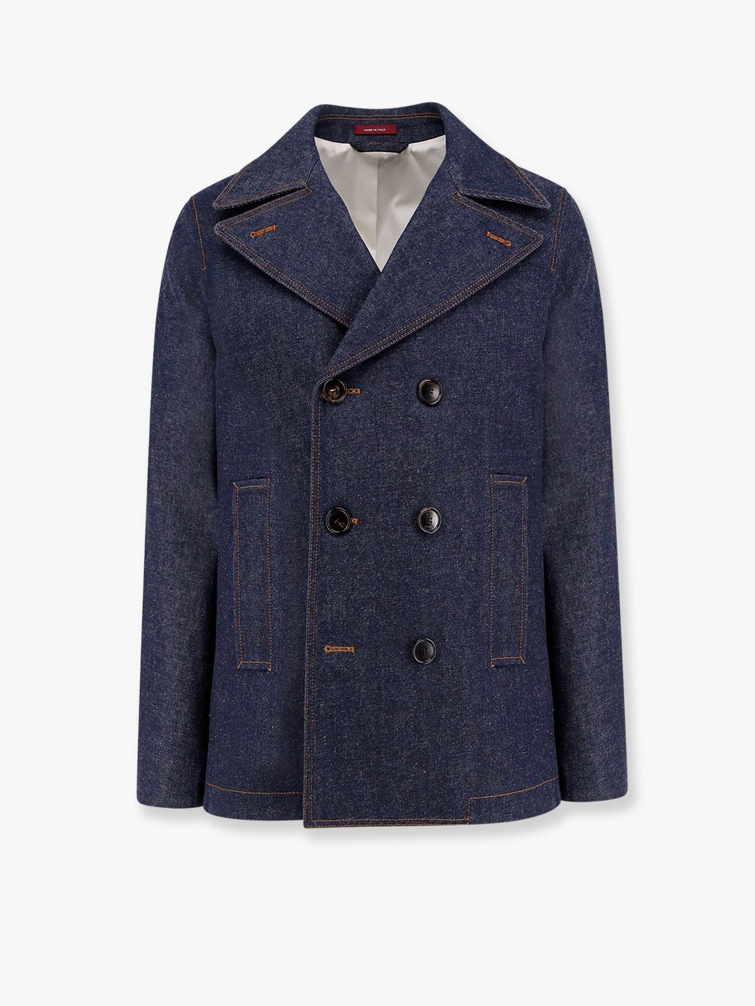 Denim peacoat with contrasting stitching