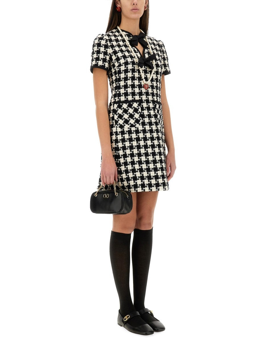 EMBROIDERED DAMIER LIGHT TWEED SHORT DRESS