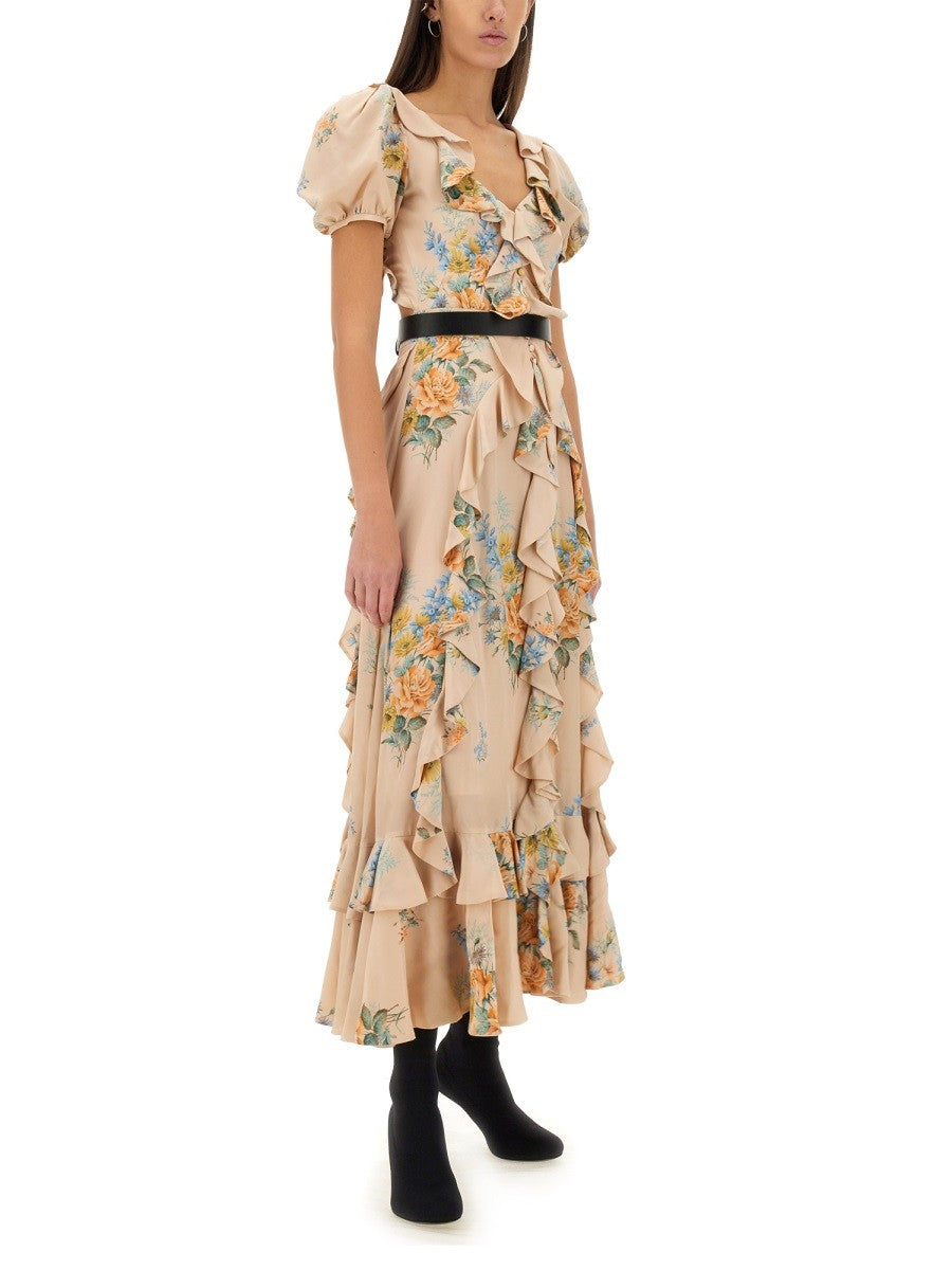 FLORAL PRINT RUCHED SILK DRESS
