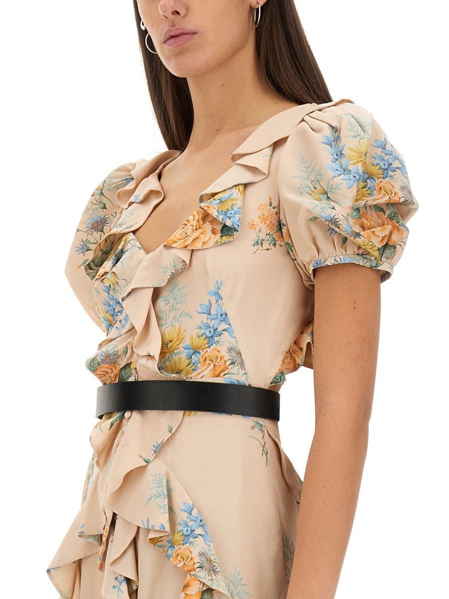 FLORAL PRINT RUCHED SILK DRESS
