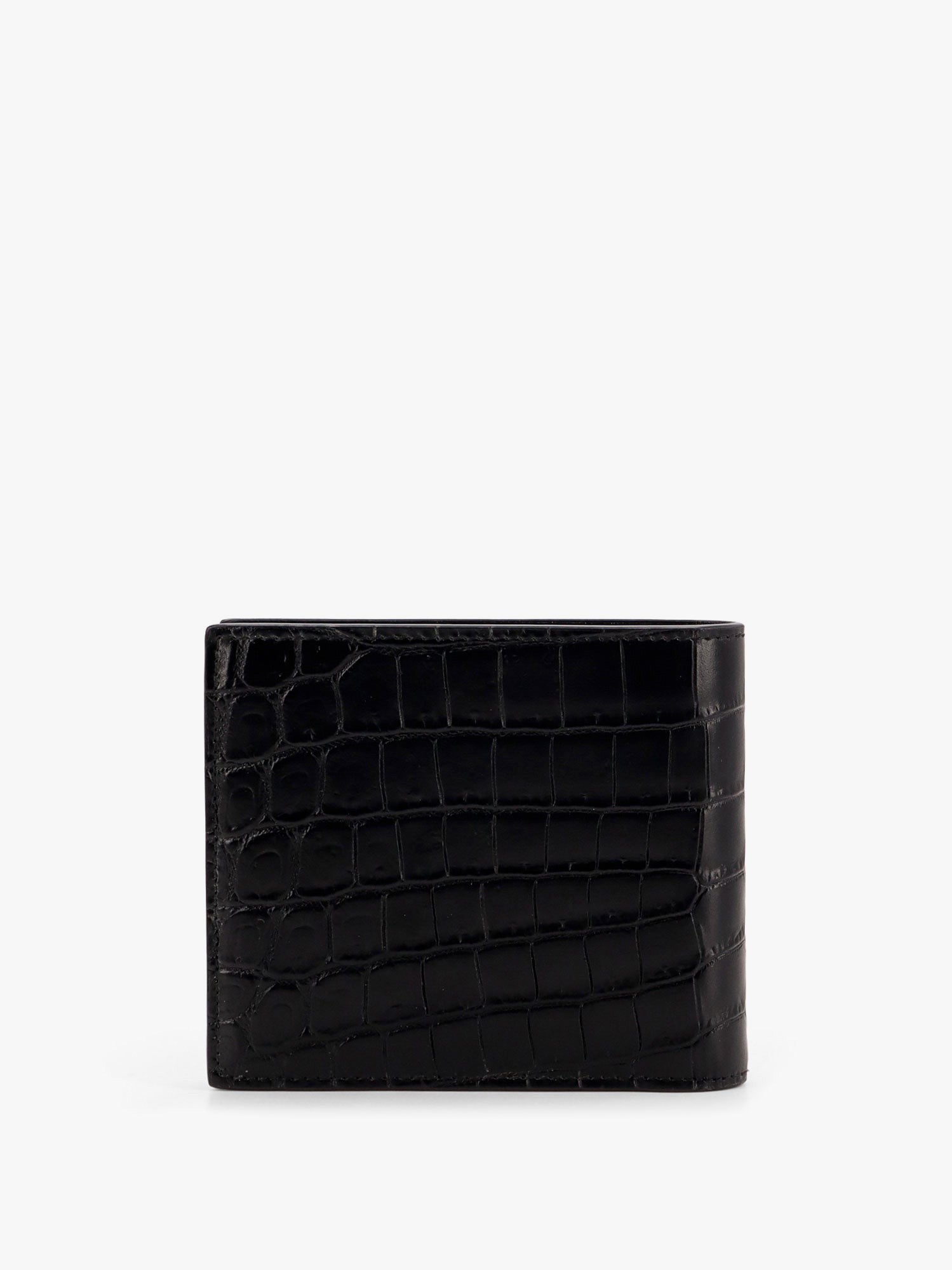 Leather wallet with embossed lettering logo on the front