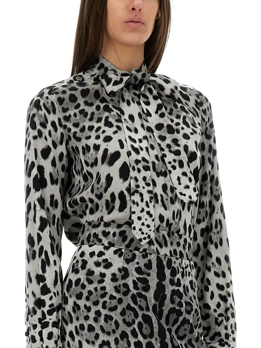 LEOPARD PRINT BOW CHARMEUSE SHIRT