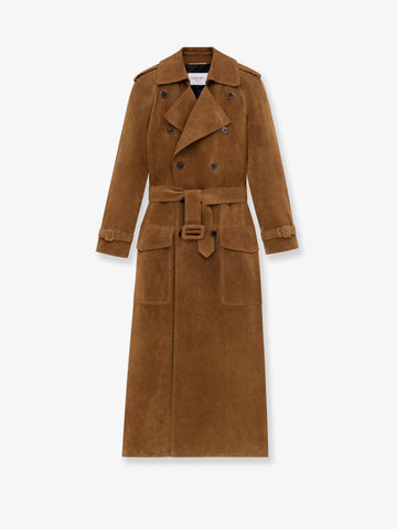 Long double-breasted suede trench coat
