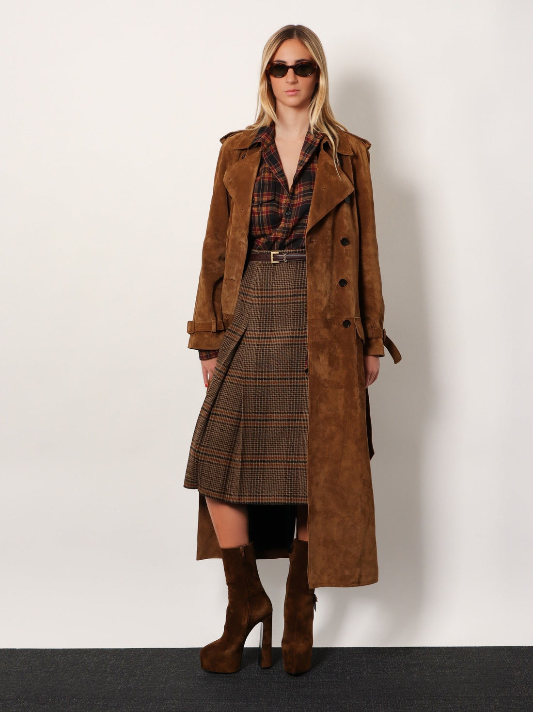 Long double-breasted suede trench coat