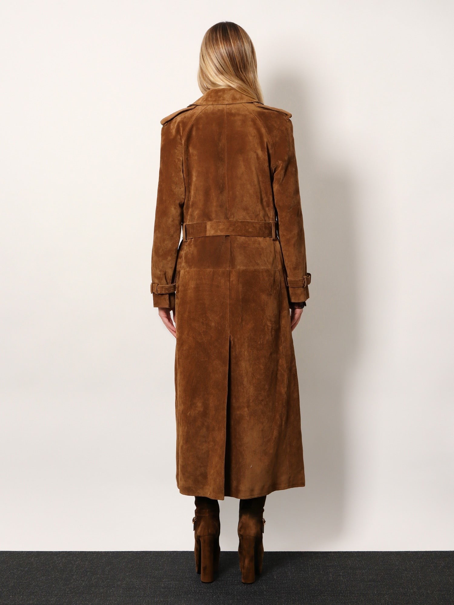 Long double-breasted suede trench coat