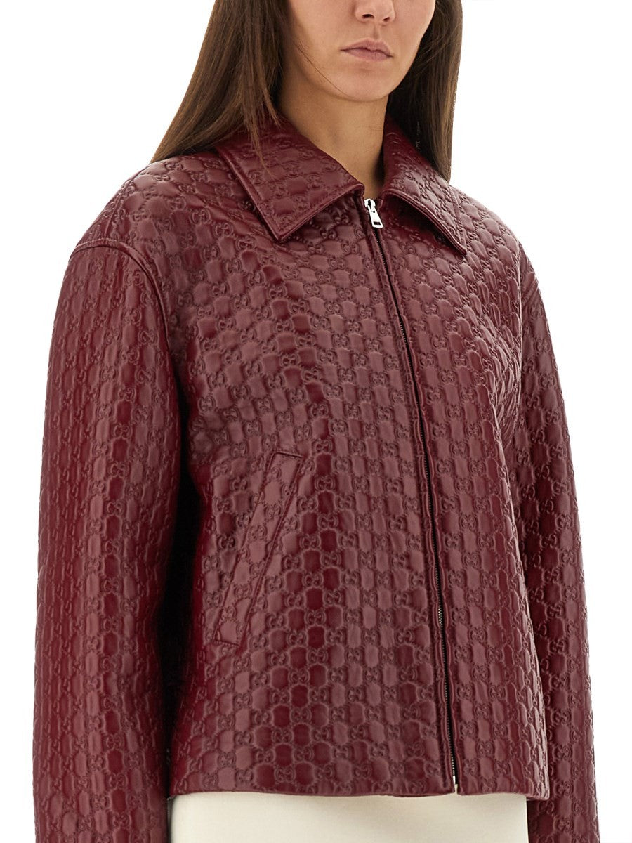 OVERSIZED LEATHER JACKET WITH EMBOSSED GG