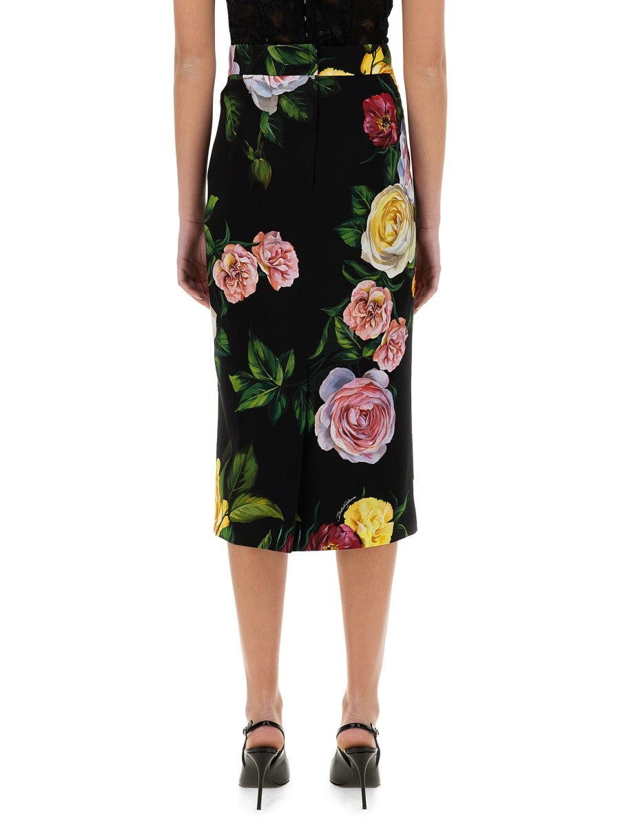 PEONY AND ROSE PRINT CHARMEUSE LONGUETTE SKIRT