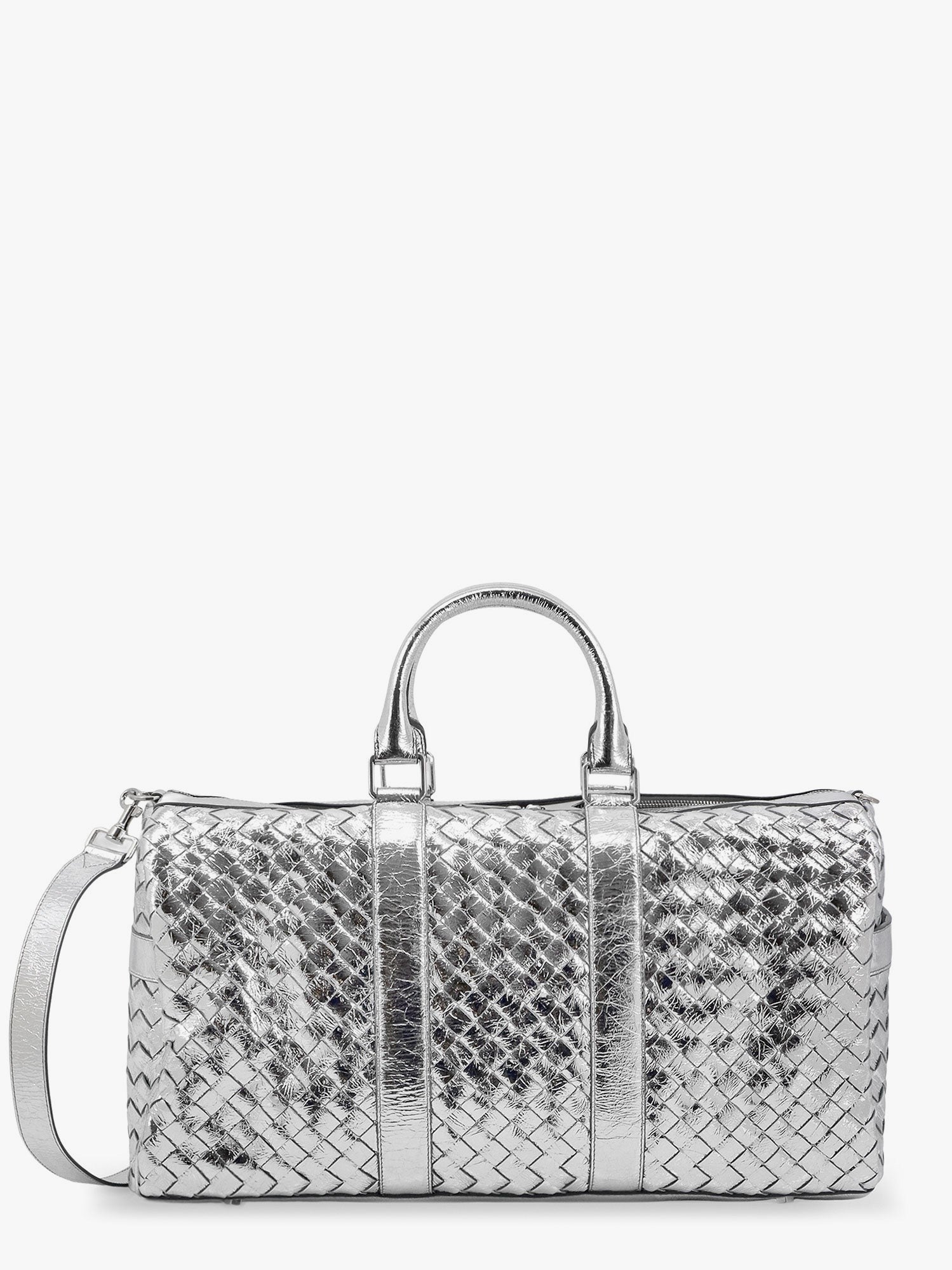 Silver leather duffle bag with intrecciato motif