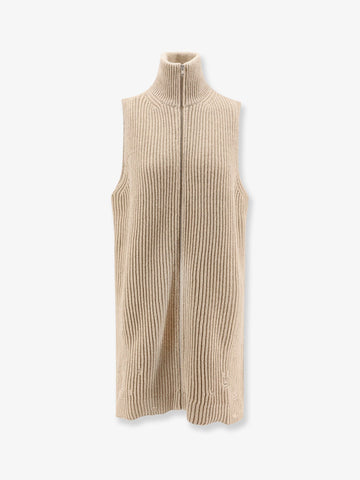 Sleeveless long wool blend cardigan with distressed effect