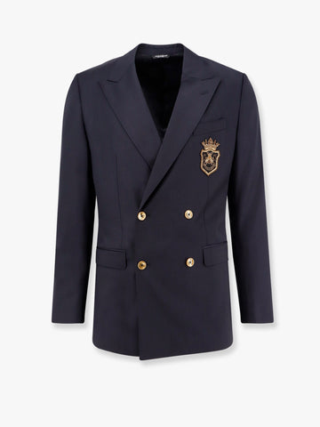 Stretch virgin wool blazer with frontal logo patch