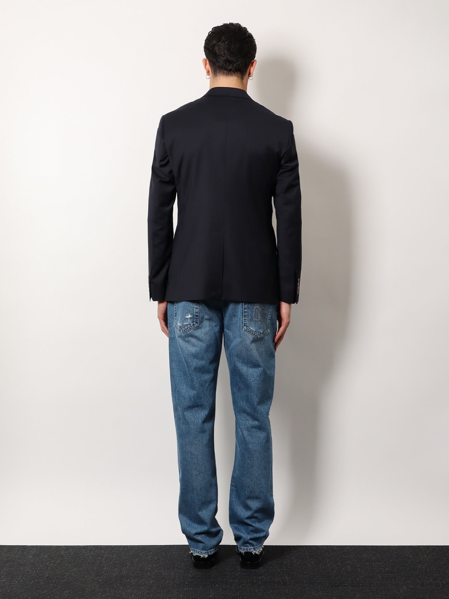 Stretch virgin wool blazer with frontal logo patch