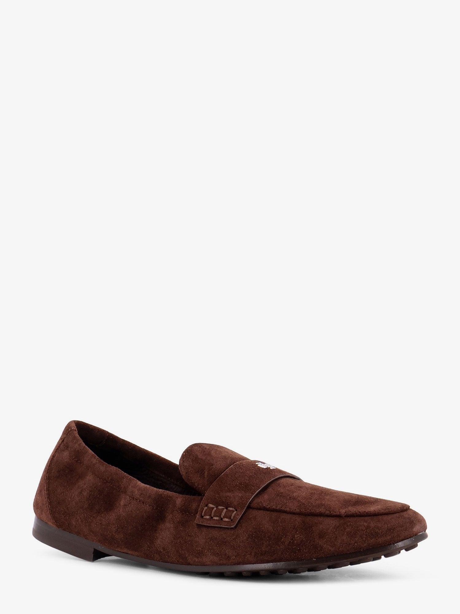 Suede loafer with metal logo detail