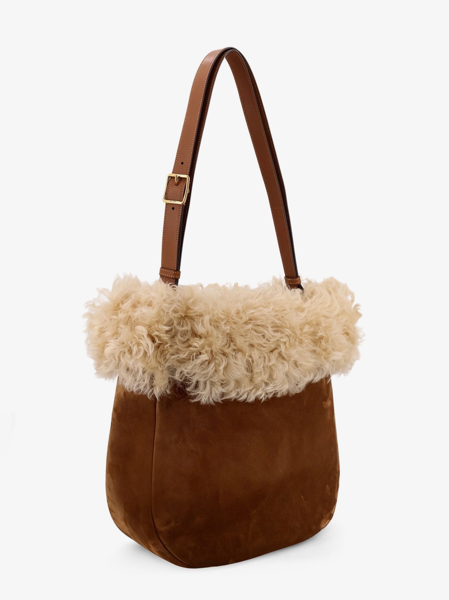 Suede shoulder bag with shearling profile