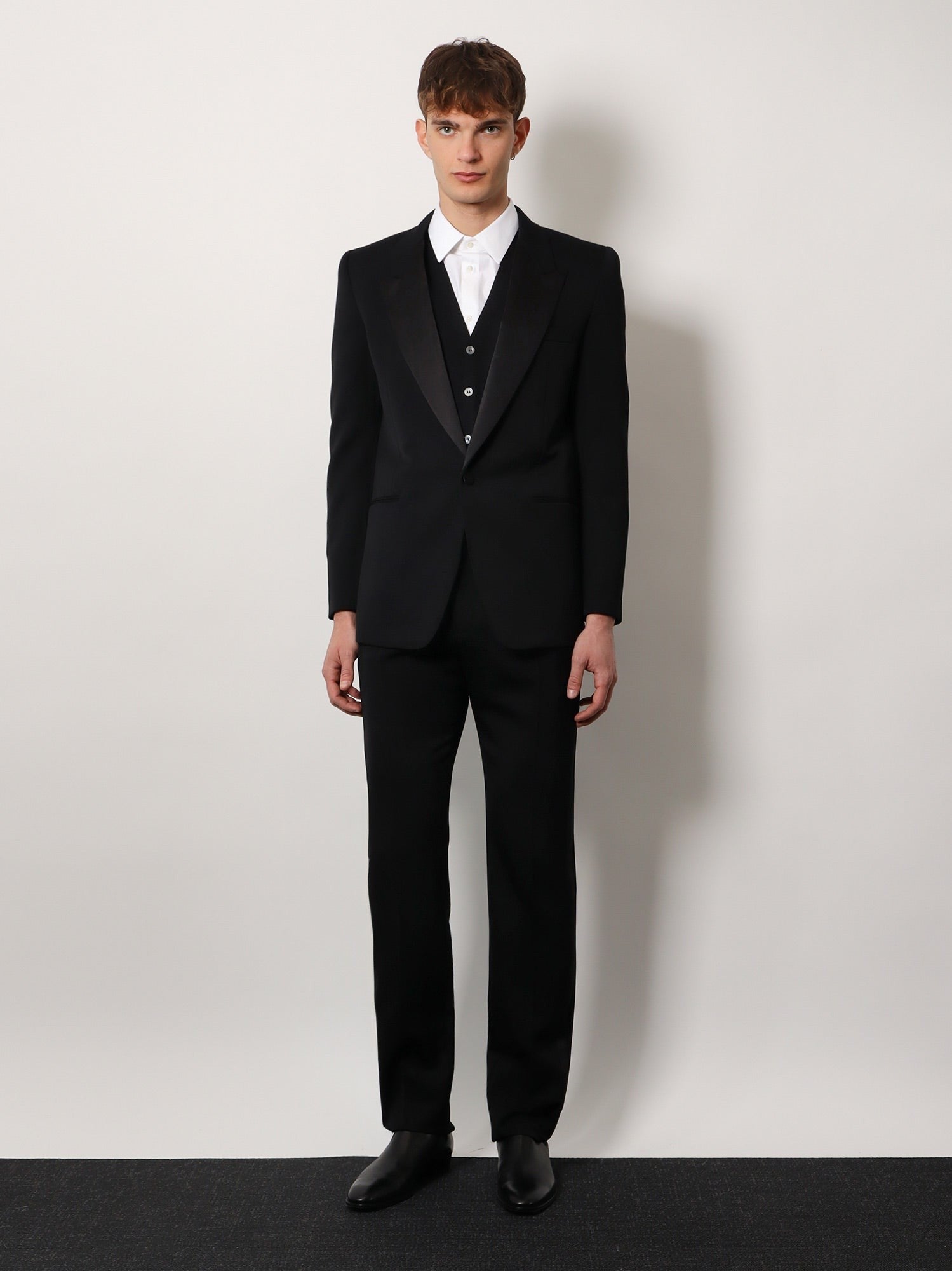 Tuxedo wool trouser with lateral satin bands