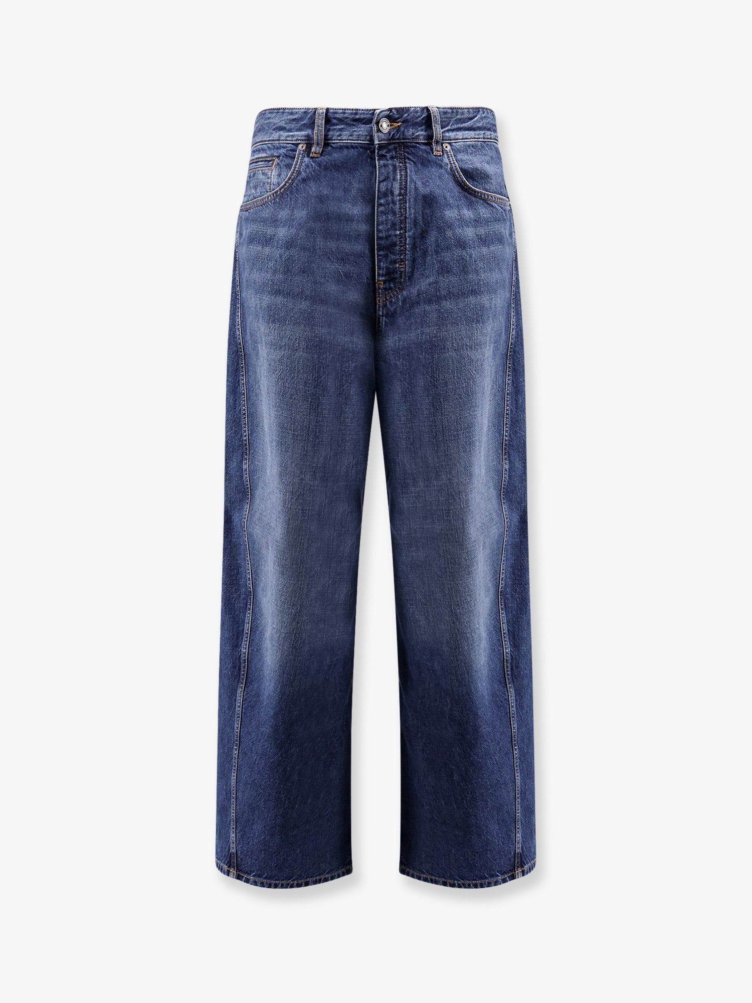 Twisted stone-washed denim jeans