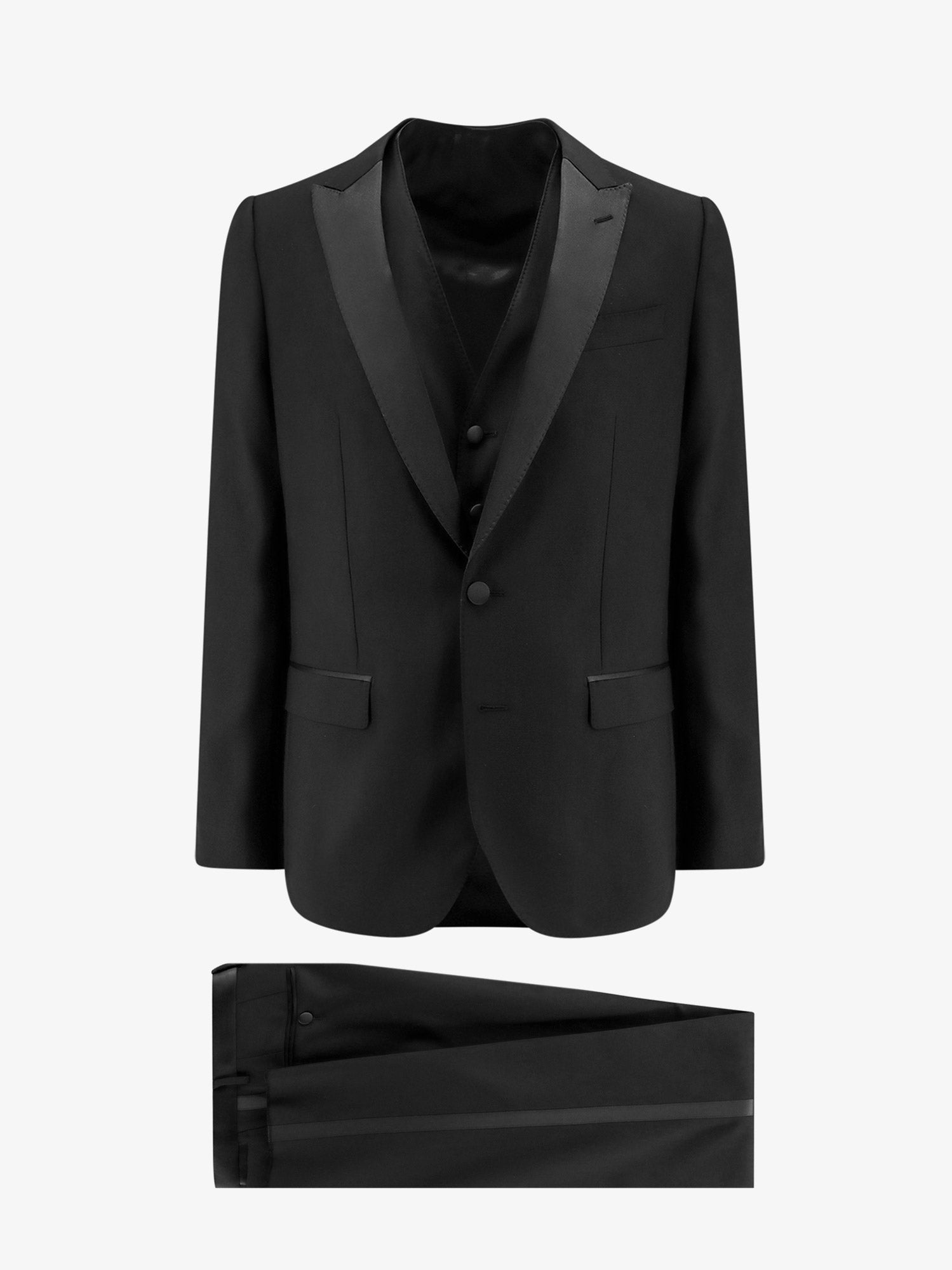 Virgin wool blend tuxedo with gilet and satin profiles