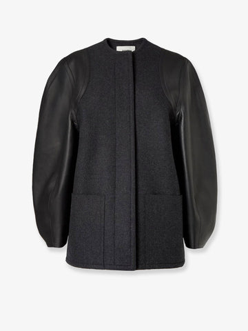 Virgin wool coat with leather sleeves