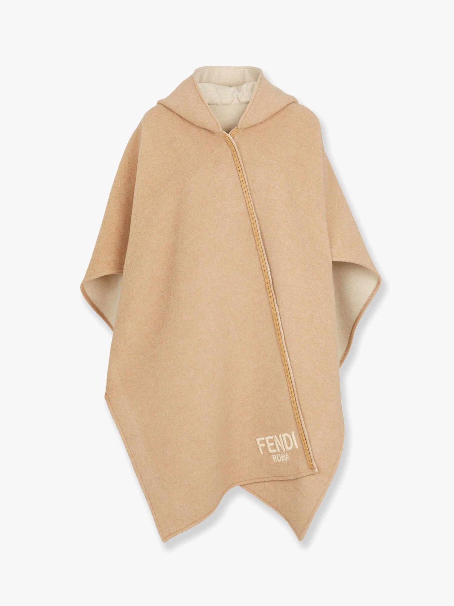 Wool and cashmere poncho with leather profiles