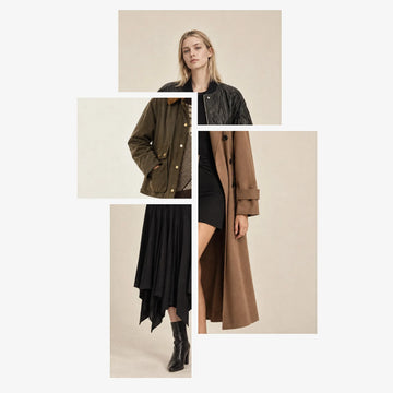 Fashion collage featuring women wearing dresses styled with a black bomber jacket, an olive jacket and a camel trench coat