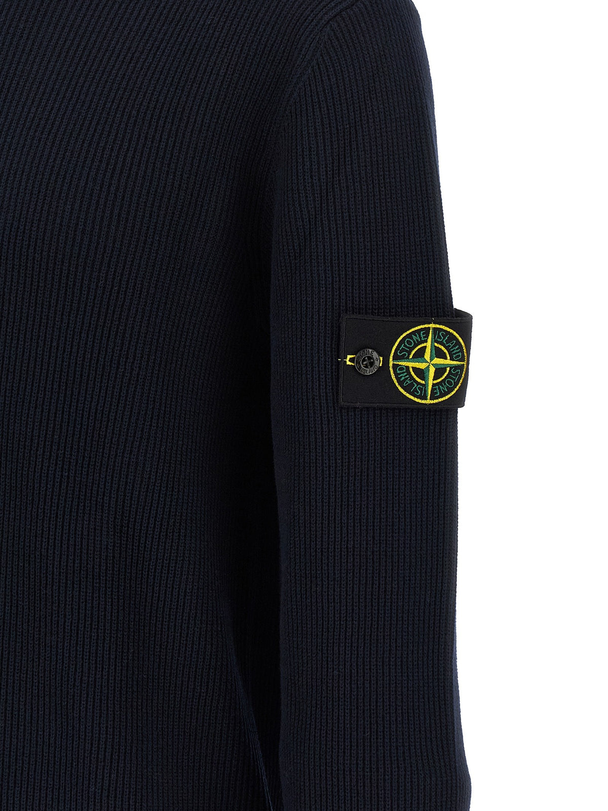 Stone Island '5100154' dark navy blue ribbed knit crewneck sweater with the iconic Stone Island compass patch on the left sleeve