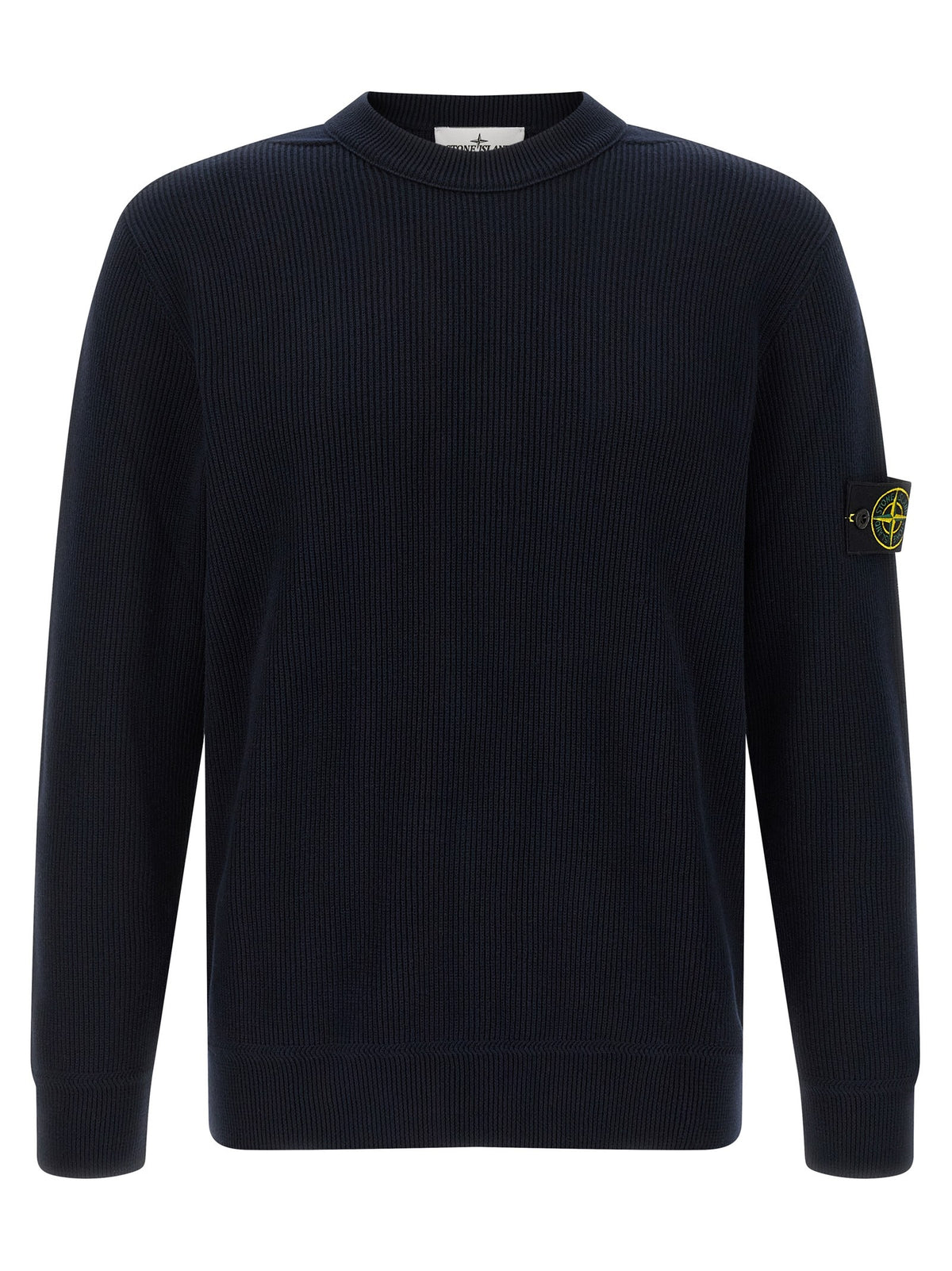 Stone Island '5100154' dark navy blue ribbed knit crewneck sweater with the iconic Stone Island compass patch on the left sleeve