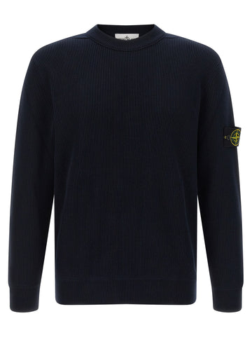 Stone Island '5100154' dark navy blue ribbed knit crewneck sweater with the iconic Stone Island compass patch on the left sleeve