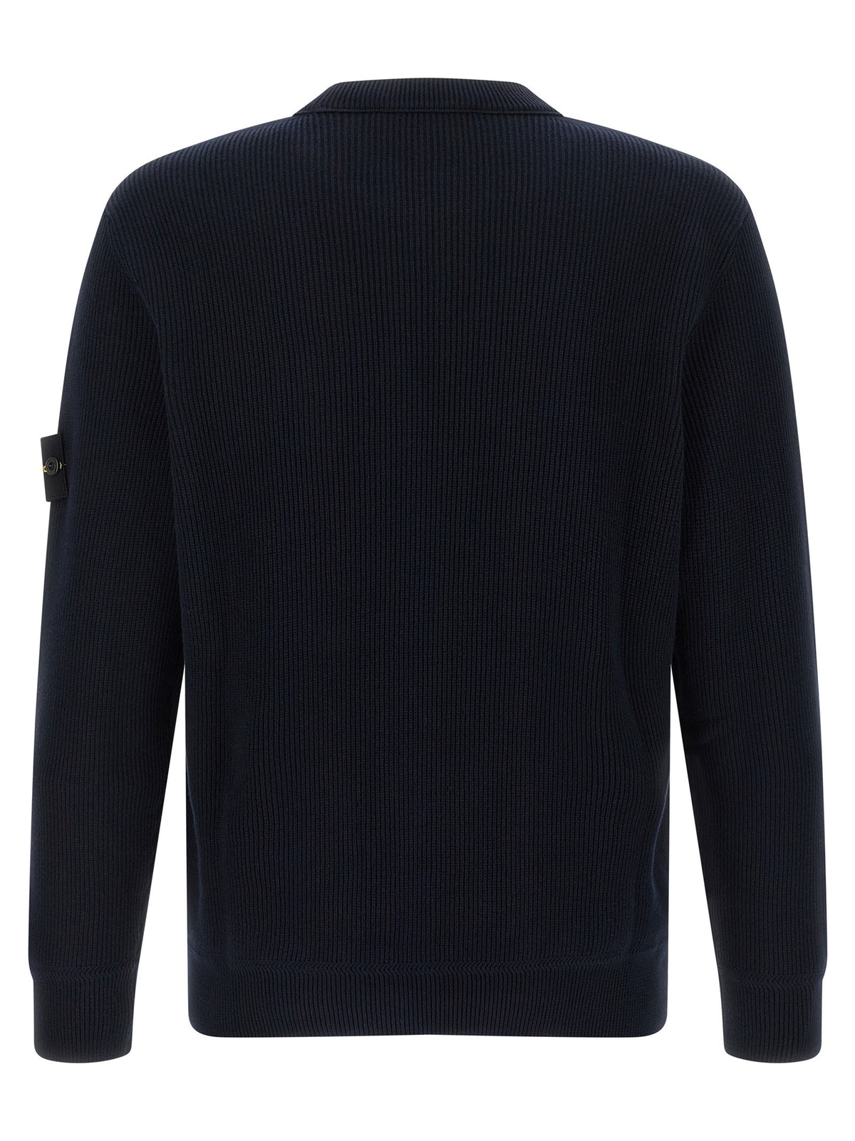 Stone Island '5100154' dark navy blue ribbed knit crewneck sweater with the iconic Stone Island compass patch on the left sleeve