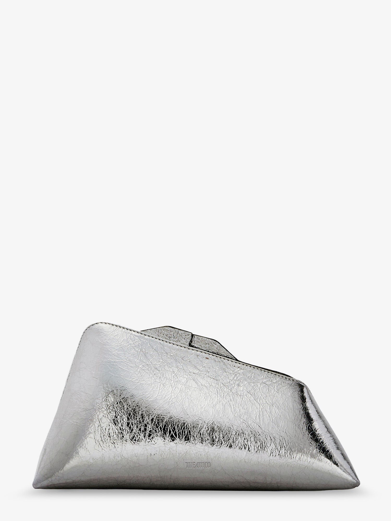The Attico 8.30 PM laminated leather clutch bag with logo engraved on the bottom