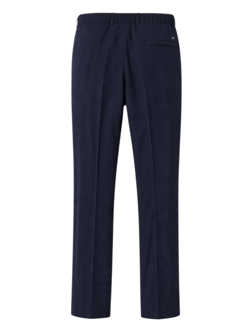 Herno men's navy blue wool-blend trousers, back view, showing the rear design and tailored silhouette, luxury designer menswear.