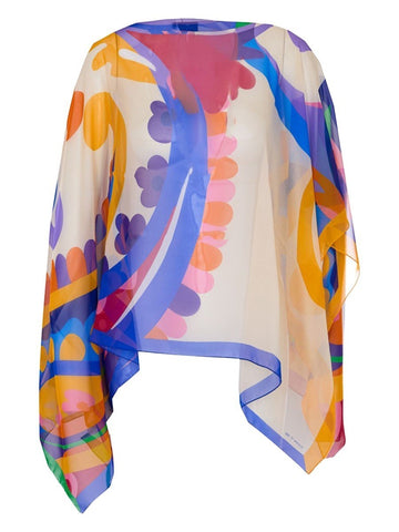 Etro asymmetrical poncho in sheer multicolor fabric with flowing draped sleeves, vivid paisley-inspired print and pointed hemline.