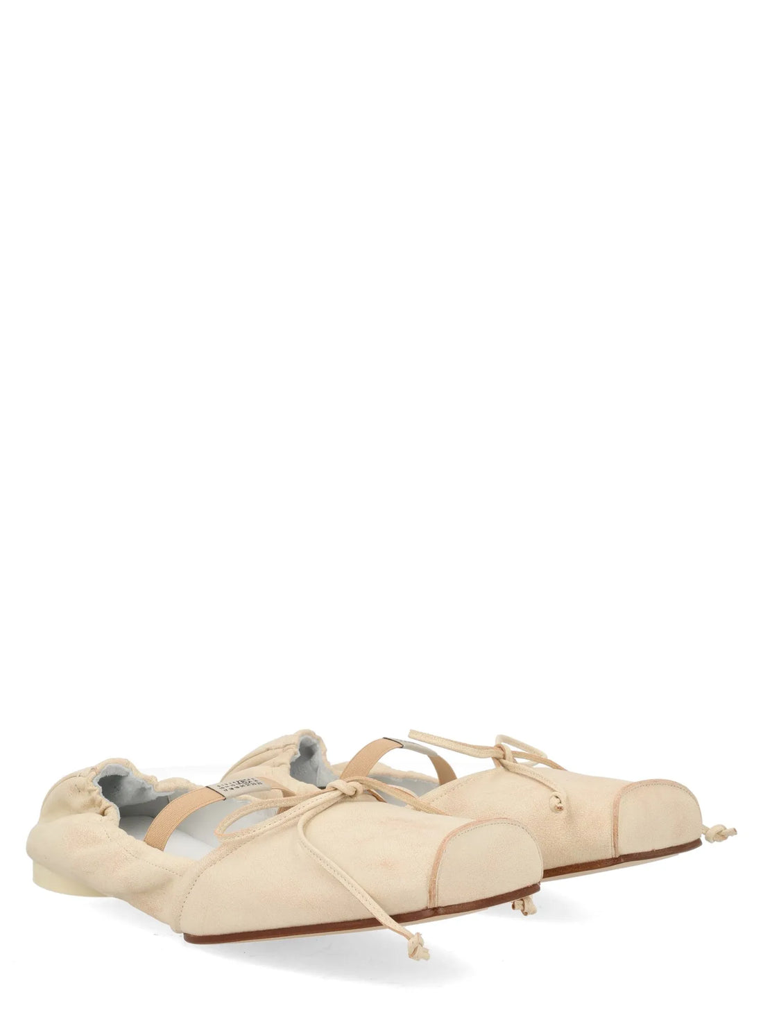 MM6 MAISON MARGIELA Beige Leather Flat Ballerina with Square Toe with Lace and Elastic tie