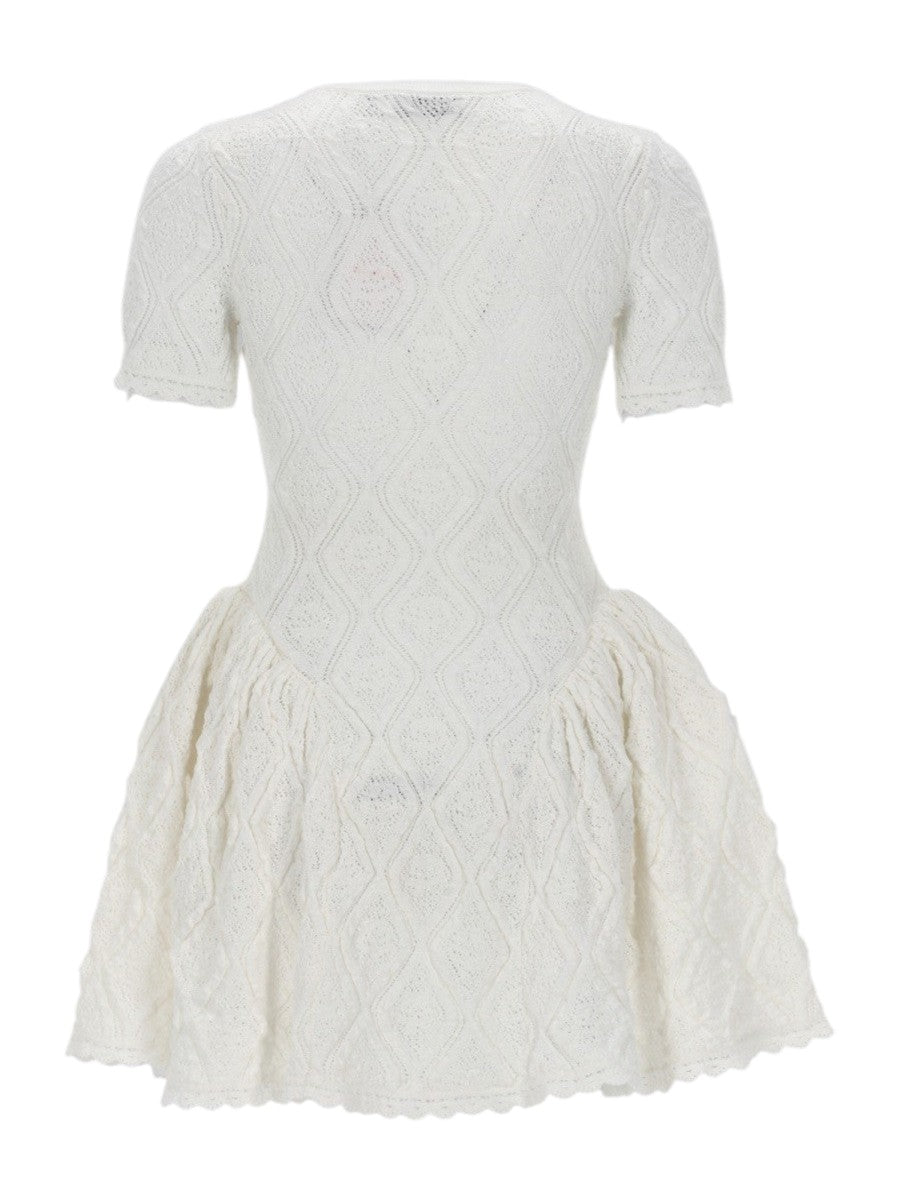 SELF-PORTRAIT White Flared Mini Dress in Openwork Knit with Purple Flowers