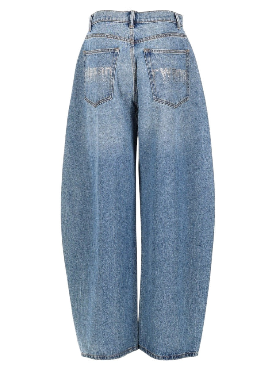 Alexander Wang light blue wide-leg jeans for women featuring a high-rise waist, faded wash, and sculpted barrel-leg silhouette.