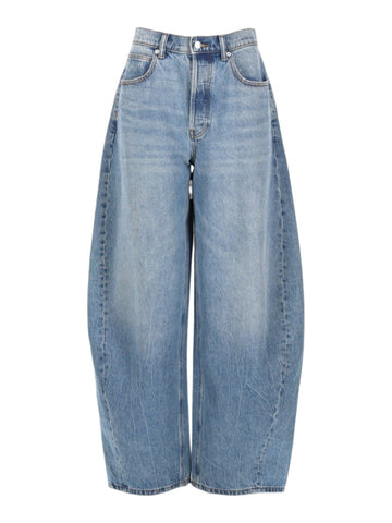 Alexander Wang light blue wide-leg jeans for women featuring a high-rise waist, faded wash, and sculpted barrel-leg silhouette.