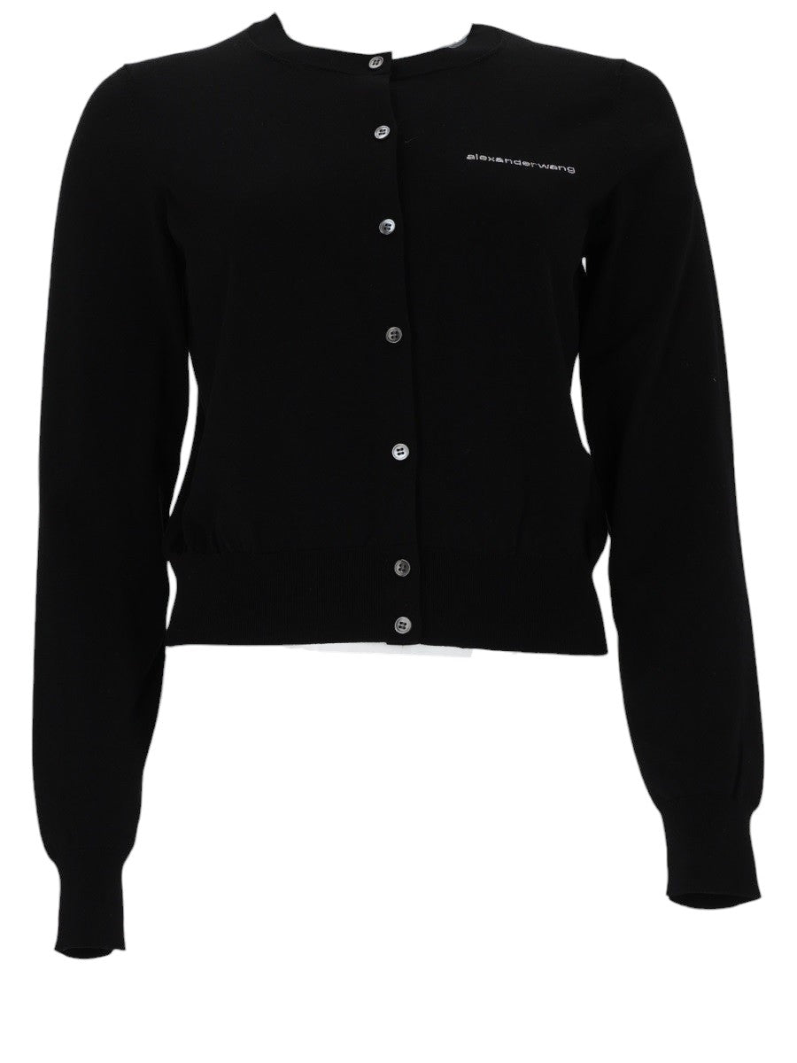 Front view of the Alexander Wang Logo Cardigan in black knit with button fastening and small logo detail on the chest.