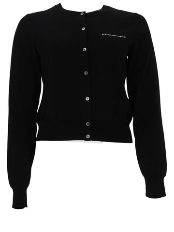 Front view of the Alexander Wang Logo Cardigan in black knit with button fastening and small logo detail on the chest.