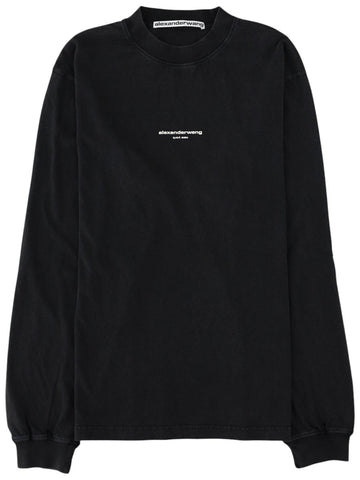 Front view of the Alexander Wang Logo Long Sleeve T-Shirt in black, featuring a crew neck, long sleeves and small chest logo.