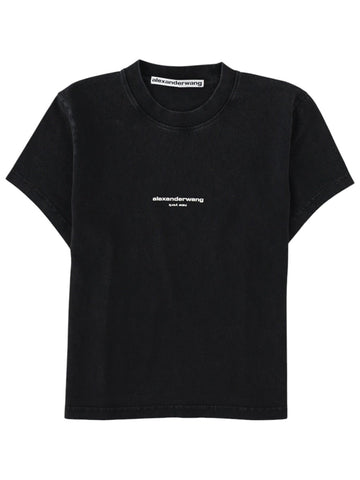 Front view of the Alexander Wang Logo T-Shirt in black cotton, featuring a crew neckline, short sleeves and small contrast logo at the chest.