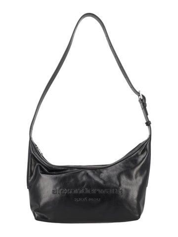 Alexander Wang medium hobo bag in black leather with tonal embossed logo, soft structured body and adjustable shoulder strap.