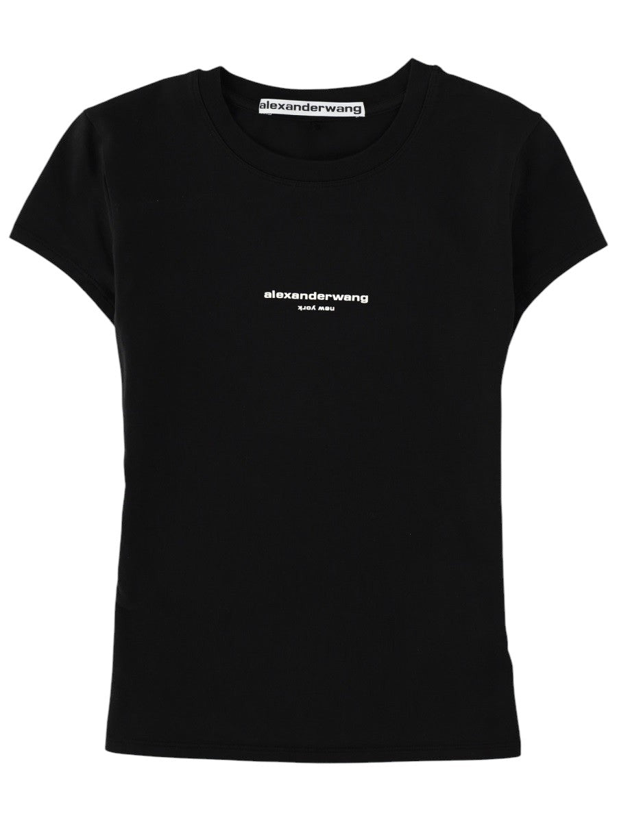 Front view of the Alexander Wang Slim Fit Logo T-Shirt in black, featuring short sleeves, crew neckline and small chest logo detail.