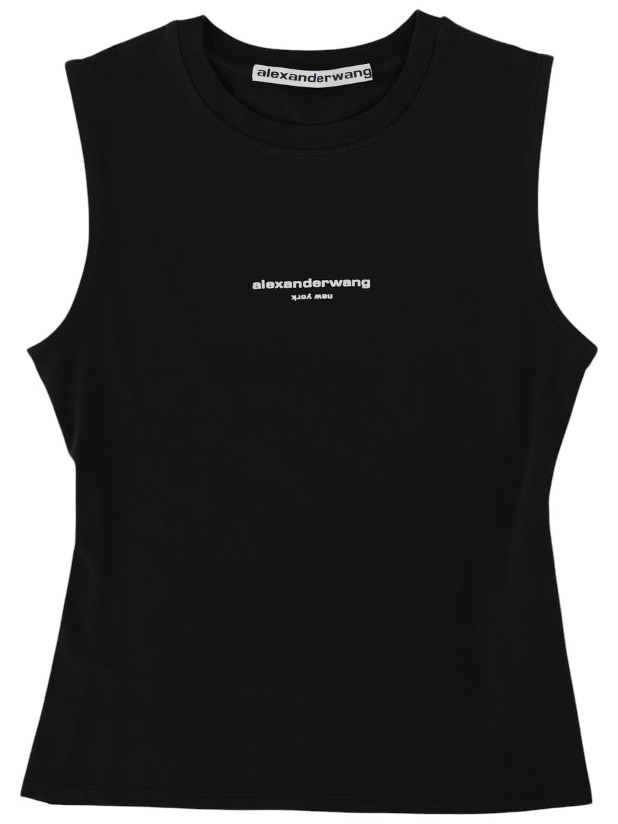 Front view of the Alexander Wang Stretch Cotton Tank Top in black stretch cotton with crew neckline, sleeveless design and small logo detail.