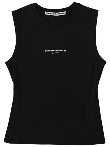 Front view of the Alexander Wang Stretch Cotton Tank Top in black stretch cotton with crew neckline, sleeveless design and small logo detail.